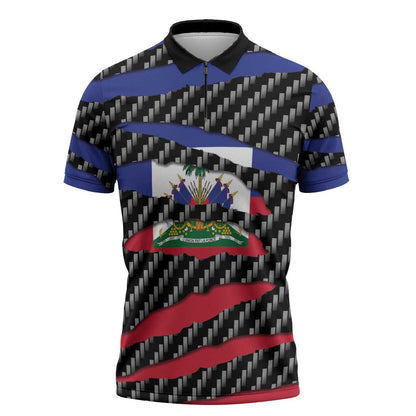 Black Haitians Beast Zipper Polo Shirt Ripped Flag Graphic