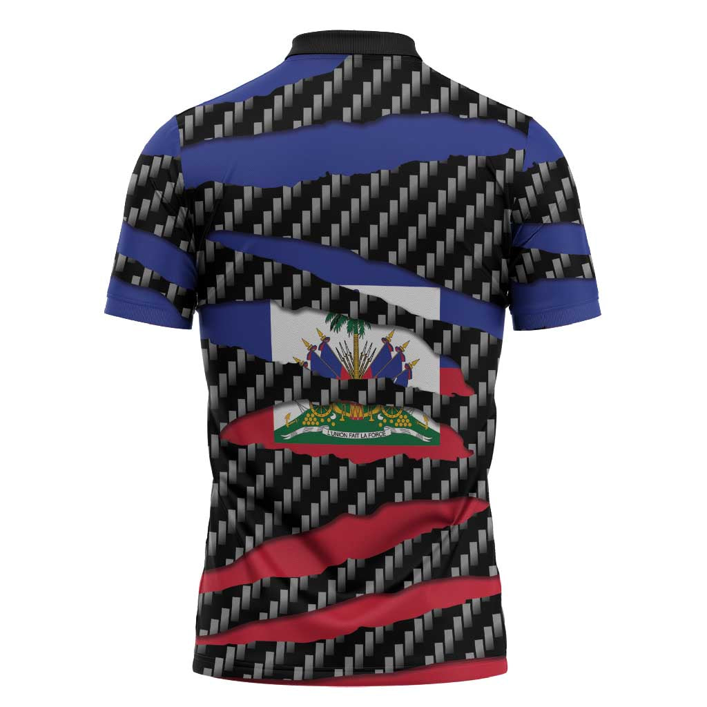 Black Haitians Beast Zipper Polo Shirt Ripped Flag Graphic