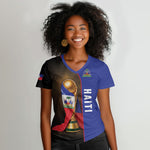 Personalized Afro Haiti Football 2026 Women V-Neck T-Shirt Trophy Flag Pride Art