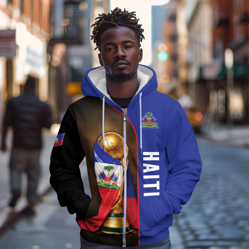 Personalized Afro Haiti Football 2026 Zip Hoodie Trophy Flag Pride Art