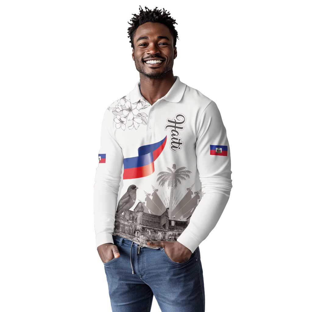 Afro-Haitians Citadelle Laferriere Long Sleeve Polo Shirt Hispaniolan Trogon and Plumeria - African Pride