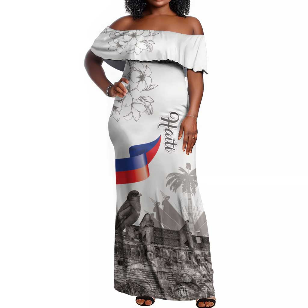 Afro-Haitians Citadelle Laferriere Off Shoulder Maxi Dress Hispaniolan Trogon and Plumeria - African Pride