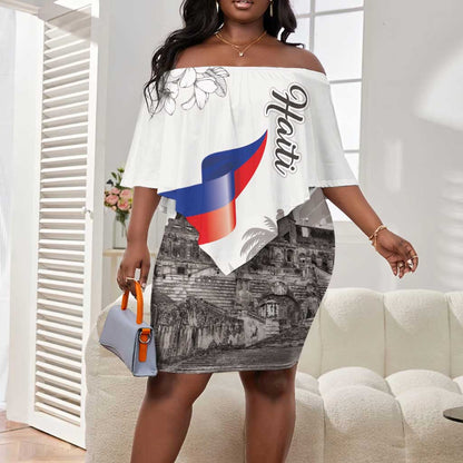 Afro-Haitians Citadelle Laferriere Off Shoulder Short Dress Hispaniolan Trogon and Plumeria - African Pride