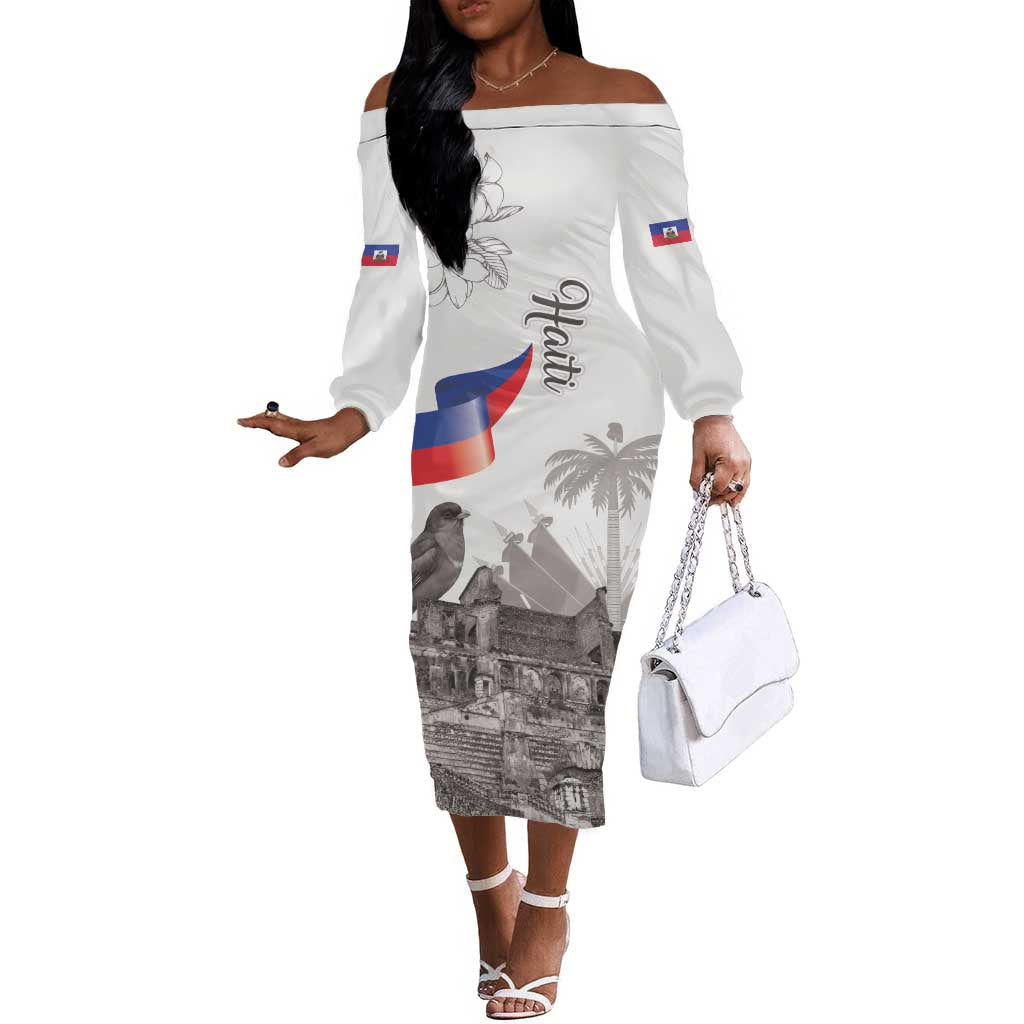 Afro-Haitians Citadelle Laferriere Off The Shoulder Long Sleeve Dress Hispaniolan Trogon and Plumeria - African Pride