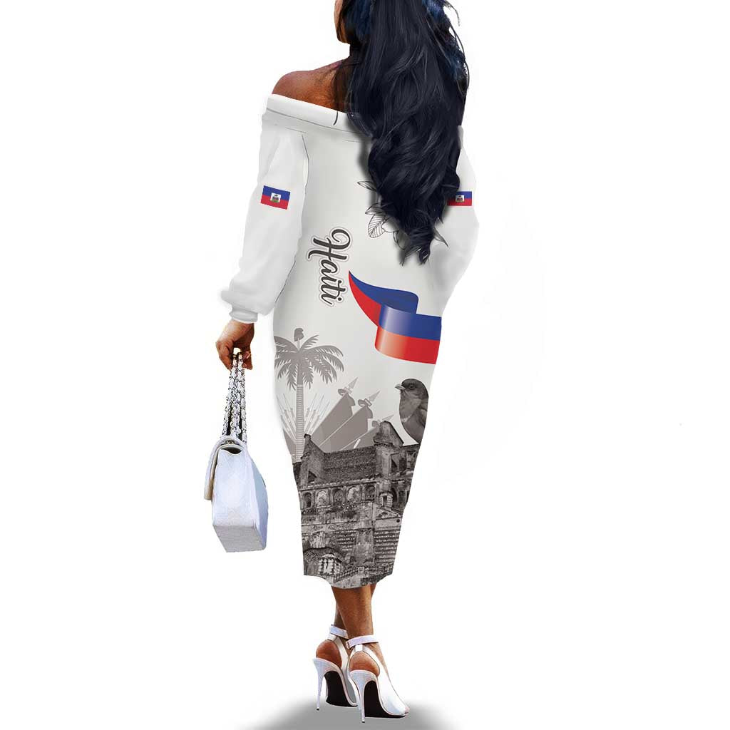 Afro-Haitians Citadelle Laferriere Off The Shoulder Long Sleeve Dress Hispaniolan Trogon and Plumeria - African Pride