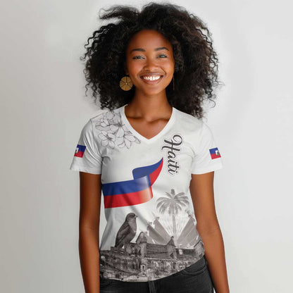 Afro-Haitians Citadelle Laferriere Women V-Neck T-Shirt Hispaniolan Trogon and Plumeria LT19