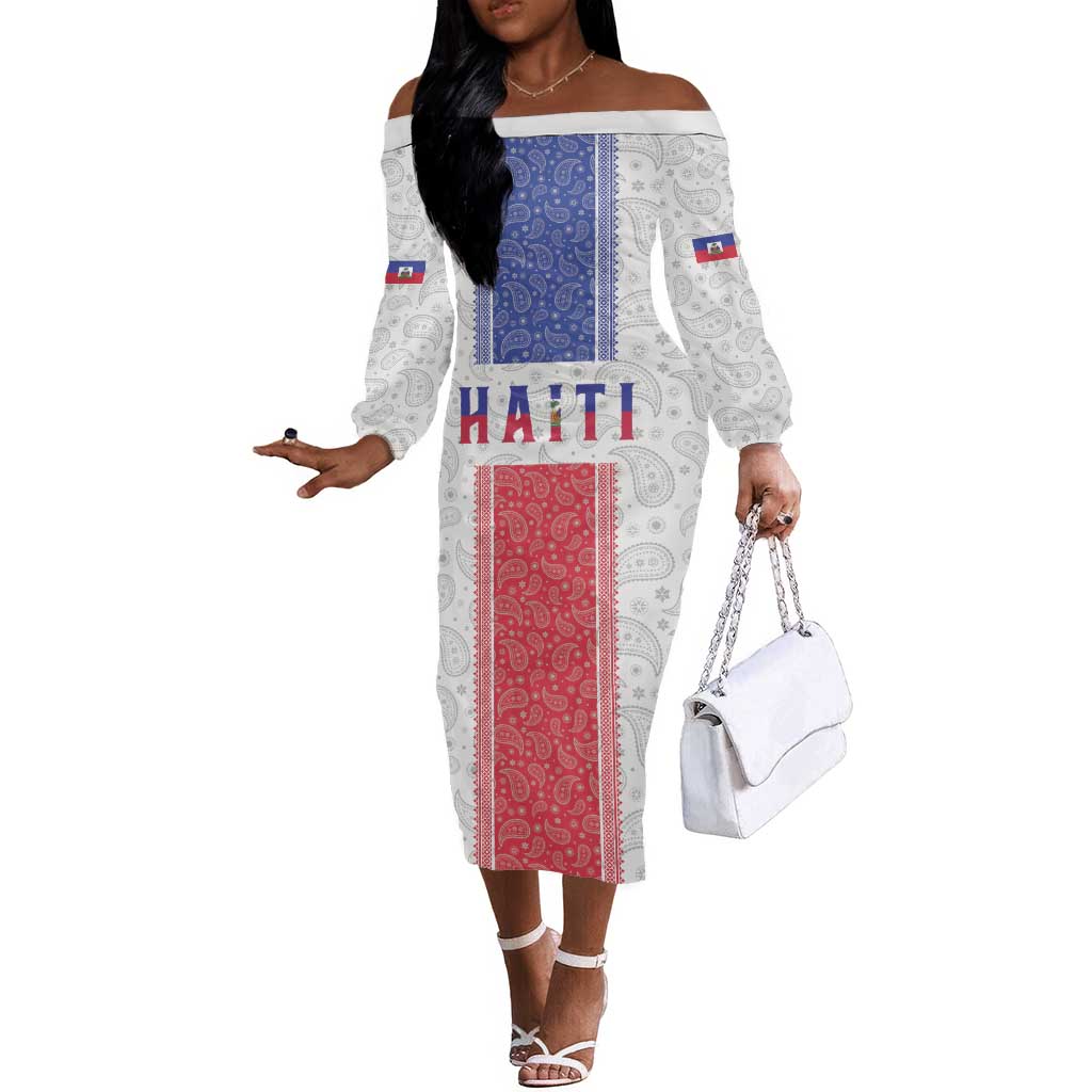 Custom Afro-Haitians Football Off The Shoulder Long Sleeve Dress Paisley Flag Pattern Design - African Pride