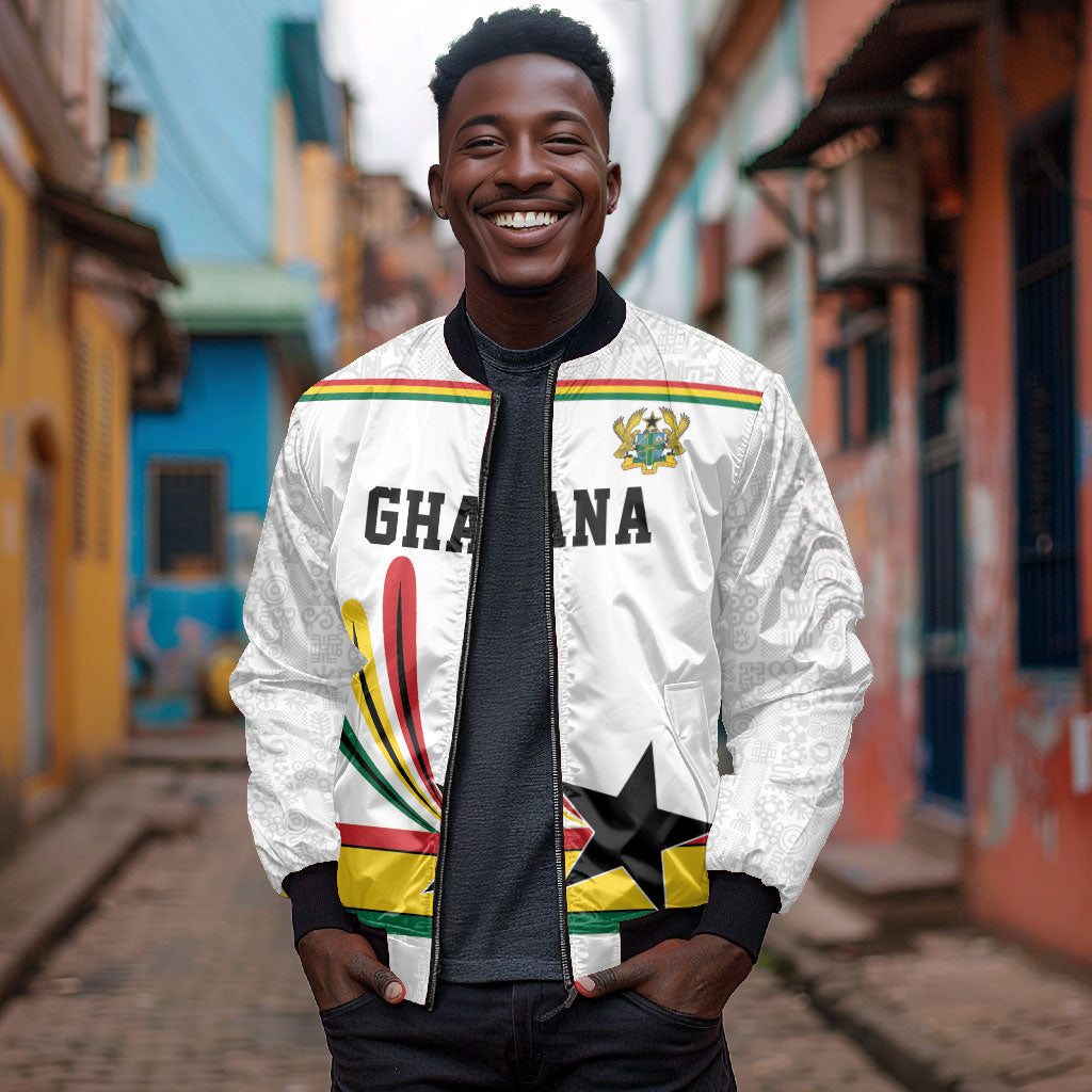 Custom World Football 2026 Ghana Bomber Jacket Black Star Adinkra Heritage White Version