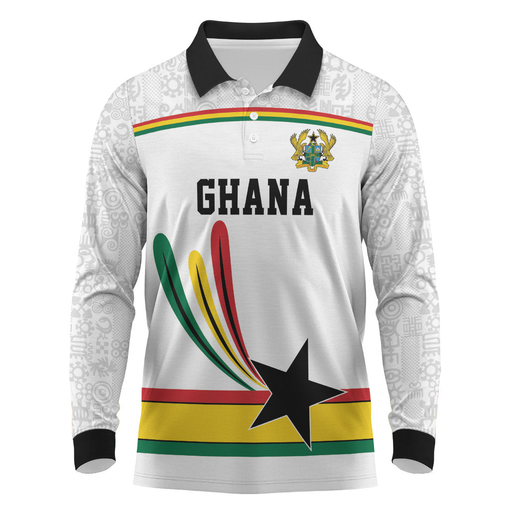 Custom World Football 2026 Ghana Long Sleeve Polo Shirt Black Star Adinkra Heritage White Version