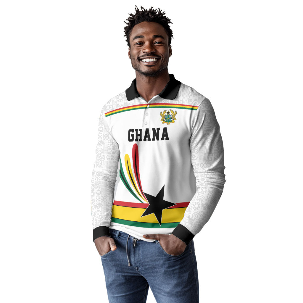 Custom World Football 2026 Ghana Long Sleeve Polo Shirt Black Star Adinkra Heritage White Version
