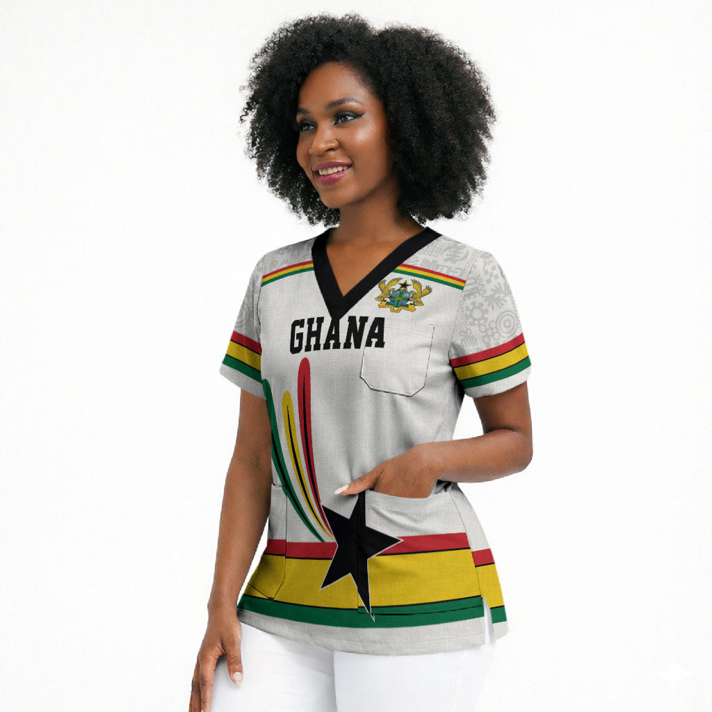Custom World Football 2026 Ghana Scrub Top Black Star Adinkra Heritage White Version