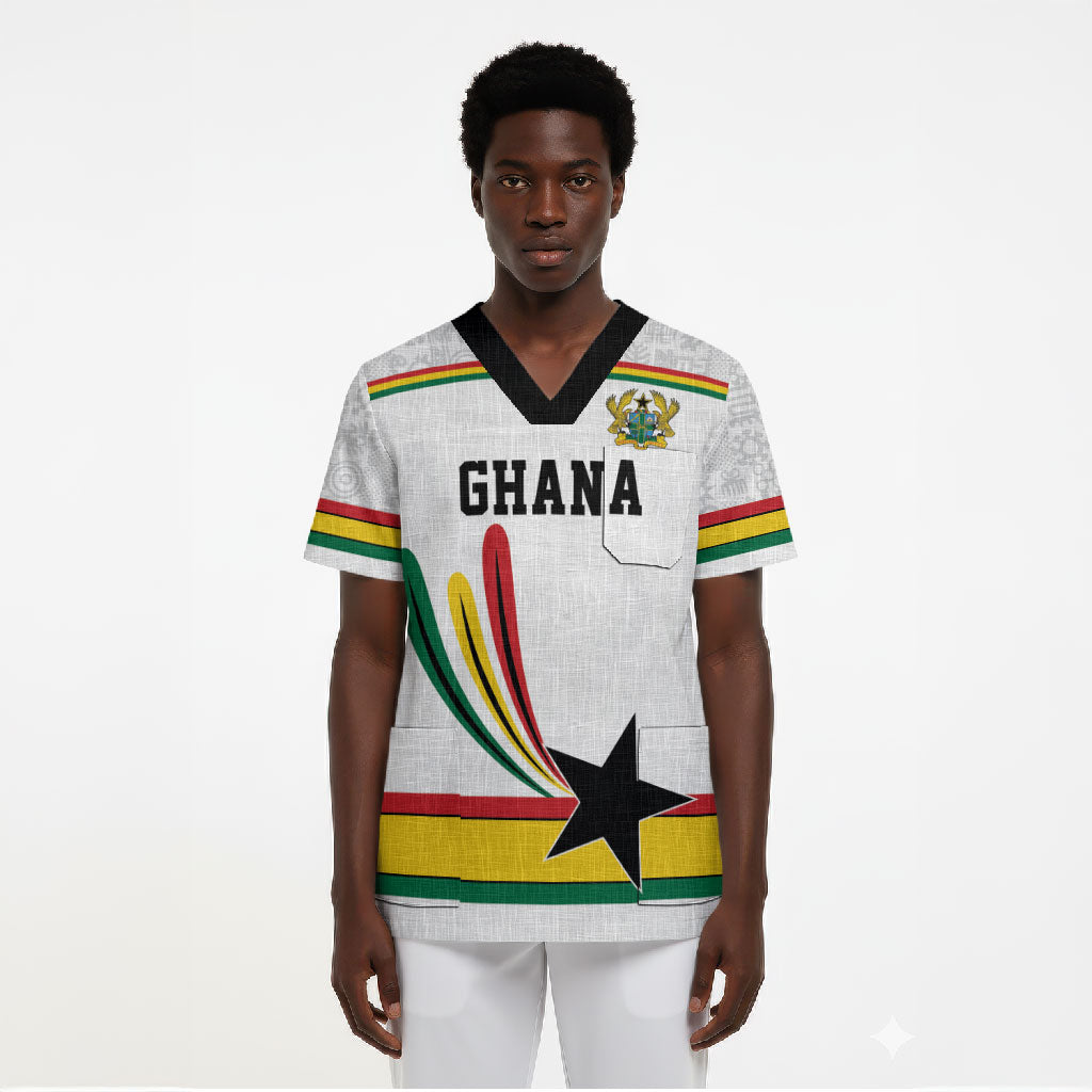 Custom World Football 2026 Ghana Scrub Top Black Star Adinkra Heritage White Version