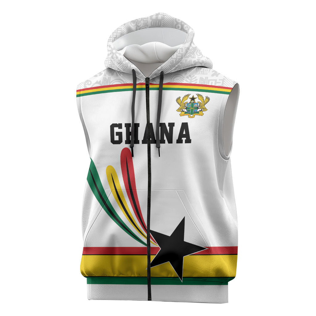 Custom World Football 2026 Ghana Sleeveless Zip Hoodie Black Star Adinkra Heritage White Version