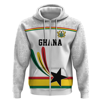 Custom World Football 2026 Ghana Zip Hoodie Black Star Adinkra Heritage White Version