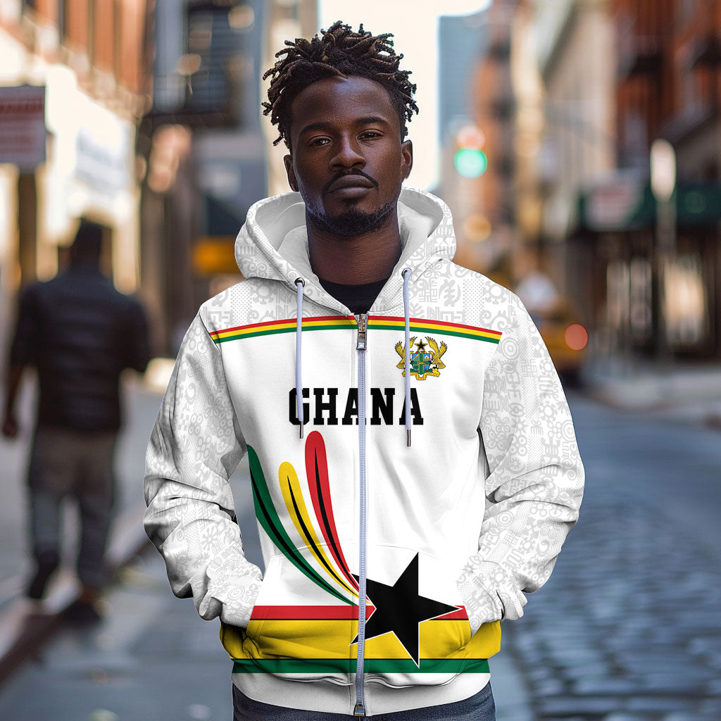 Custom World Football 2026 Ghana Zip Hoodie Black Star Adinkra Heritage White Version