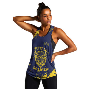 Personalized African-American Heroes Women Racerback Tank Bison Buffalo Soldiers - Blue Grunge Style - African Pride