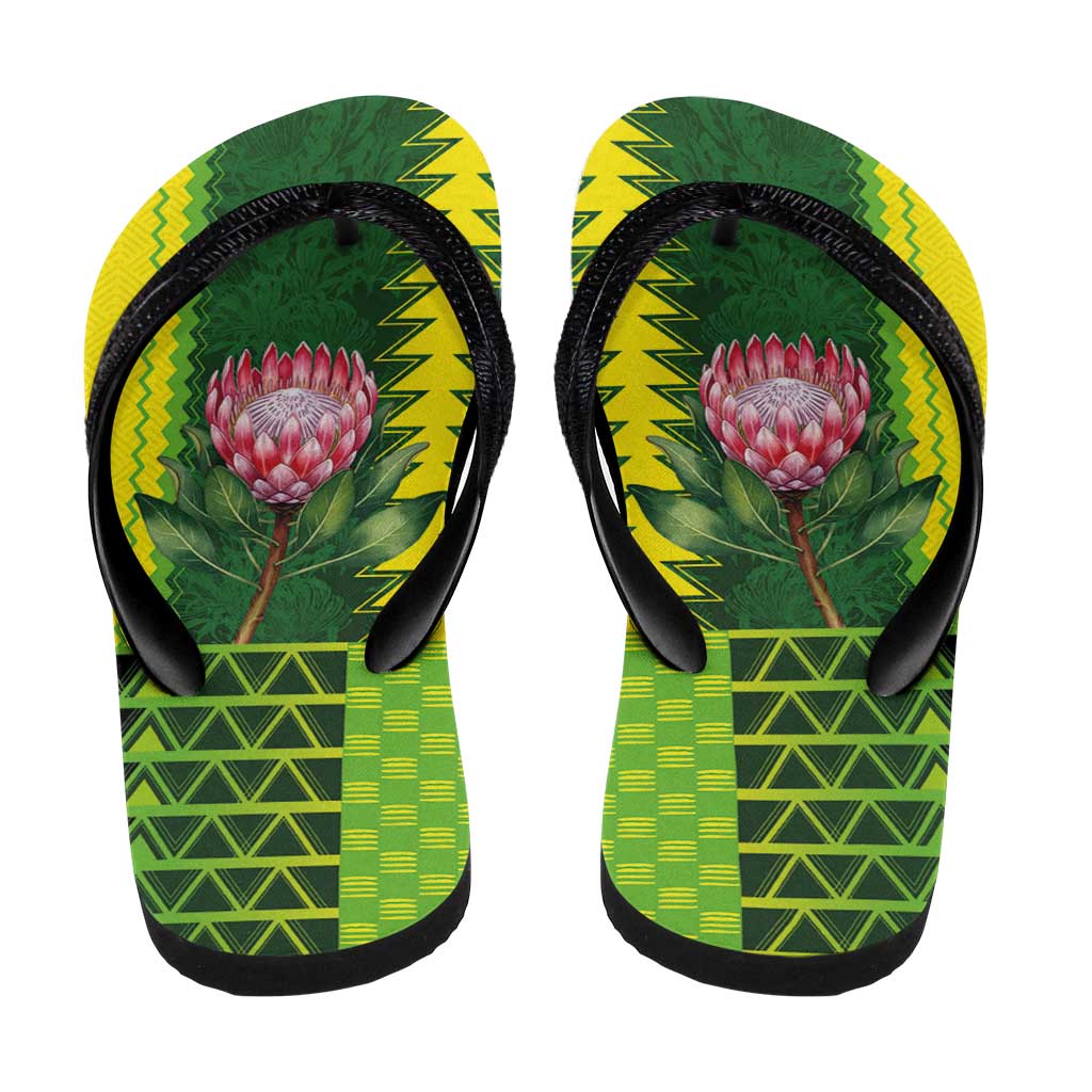 South Africa Flip Flops King Protea with African Tribal Geometric Pattern Culture Art