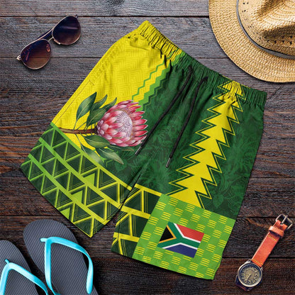 South Africa National Football Shorts for Men King Protea with African Tribal Geometric Pattern Culture Art