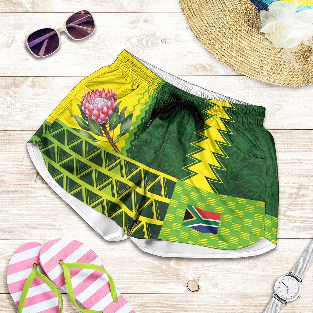 South Africa National Football Shorts for Women King Protea with African Tribal Geometric Pattern Culture Art