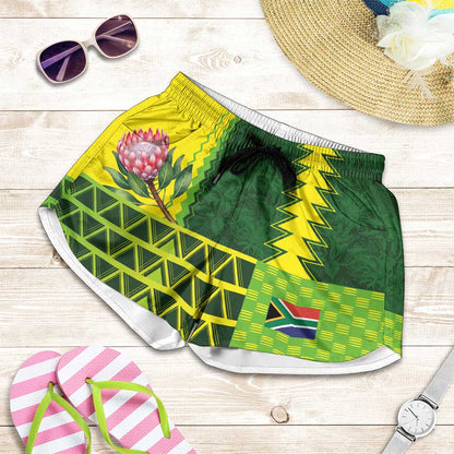 South Africa National Football Shorts for Women King Protea with African Tribal Geometric Pattern Culture Art
