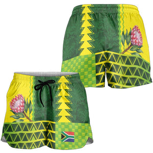 South Africa National Football Shorts for Women King Protea with African Tribal Geometric Pattern Culture Art