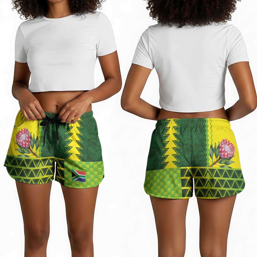 South Africa National Football Shorts for Women King Protea with African Tribal Geometric Pattern Culture Art