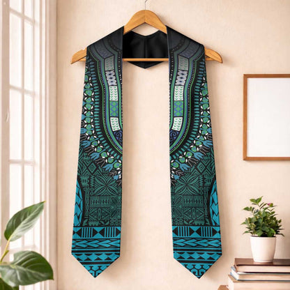 Teal Dashiki and Tapa Pattern Graduation Stole Africa-Polynesia Together Culture