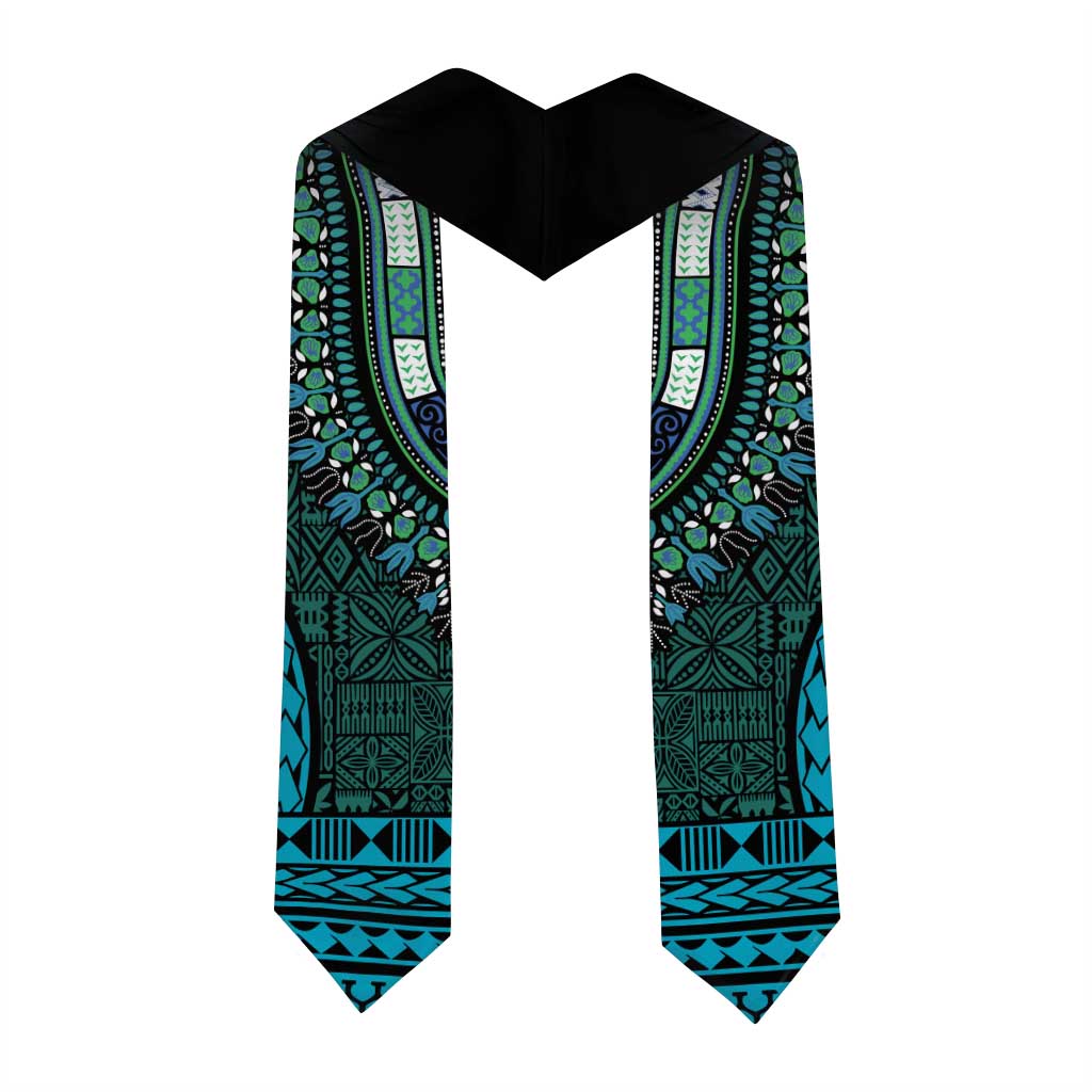 Teal Dashiki and Tapa Pattern Graduation Stole Africa-Polynesia Together Culture