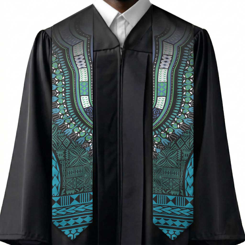 Teal Dashiki and Tapa Pattern Graduation Stole Africa-Polynesia Together Culture