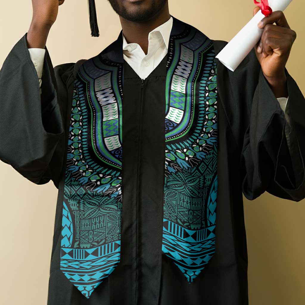 Teal Dashiki and Tapa Pattern Graduation Stole Africa-Polynesia Together Culture