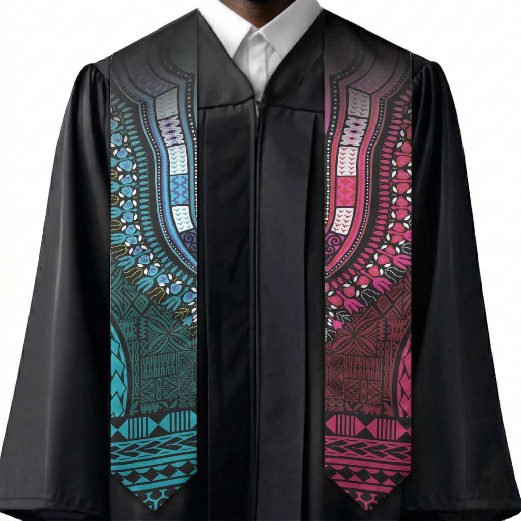 Teal-pink Dashiki and Tapa Pattern Graduation Stole Africa-Polynesia Together Culture