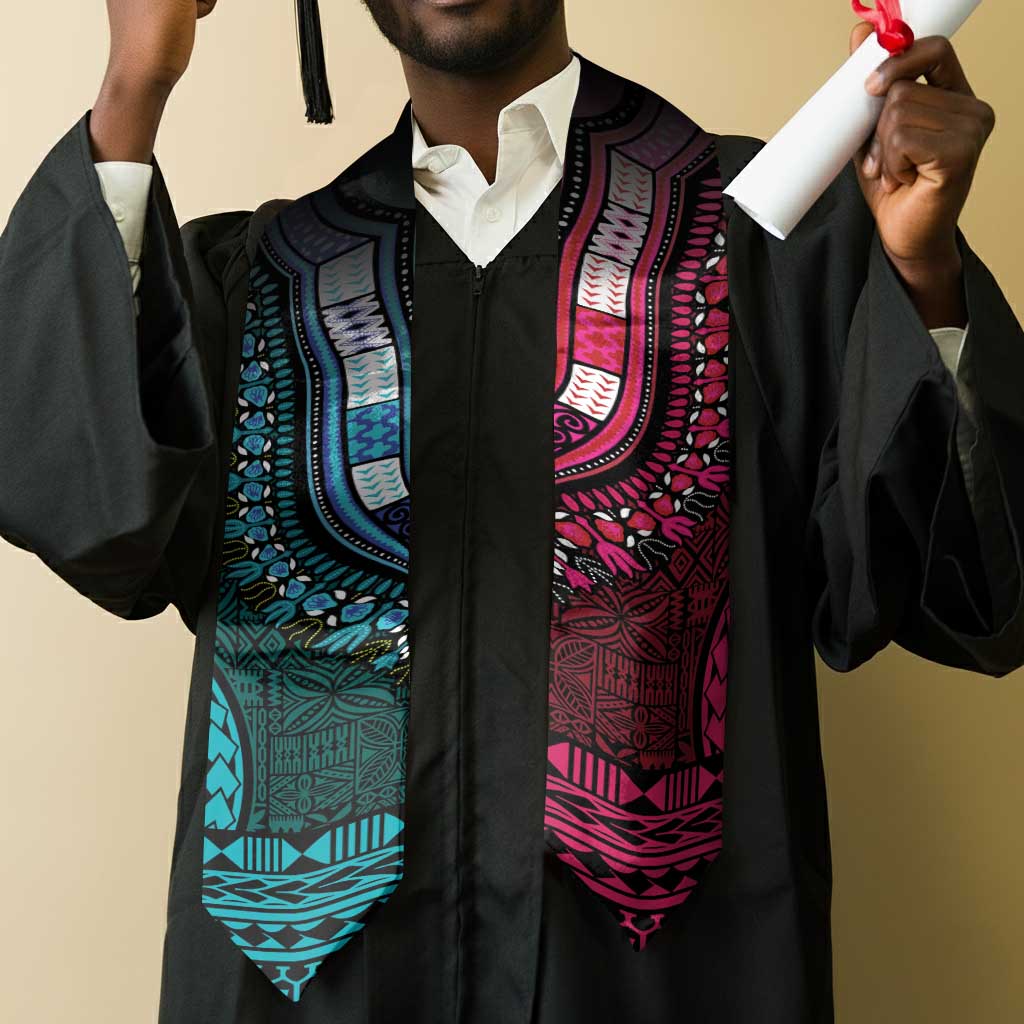 Teal-pink Dashiki and Tapa Pattern Graduation Stole Africa-Polynesia Together Culture
