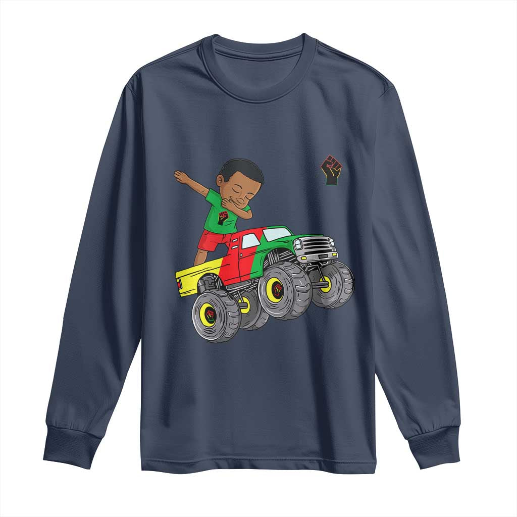 Funny Black History Long Sleeve Shirt African Kids Dabbing Black King In Monster Truck