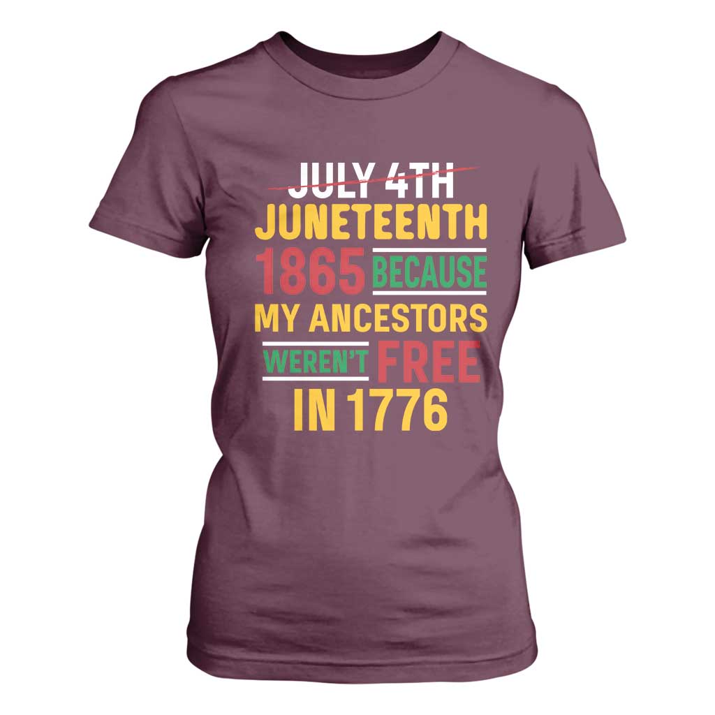 Juneteenth 1865 T Shirt For Women Not July 4th Because My Ancestors Weren't Free in 1776