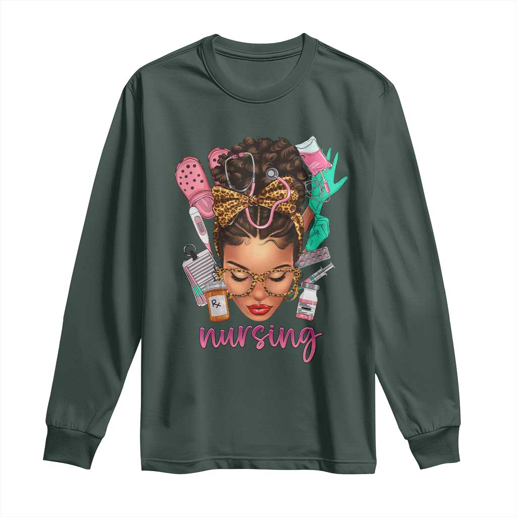 African American Nurse Long Sleeve Shirt Nursing Black Messy Bun