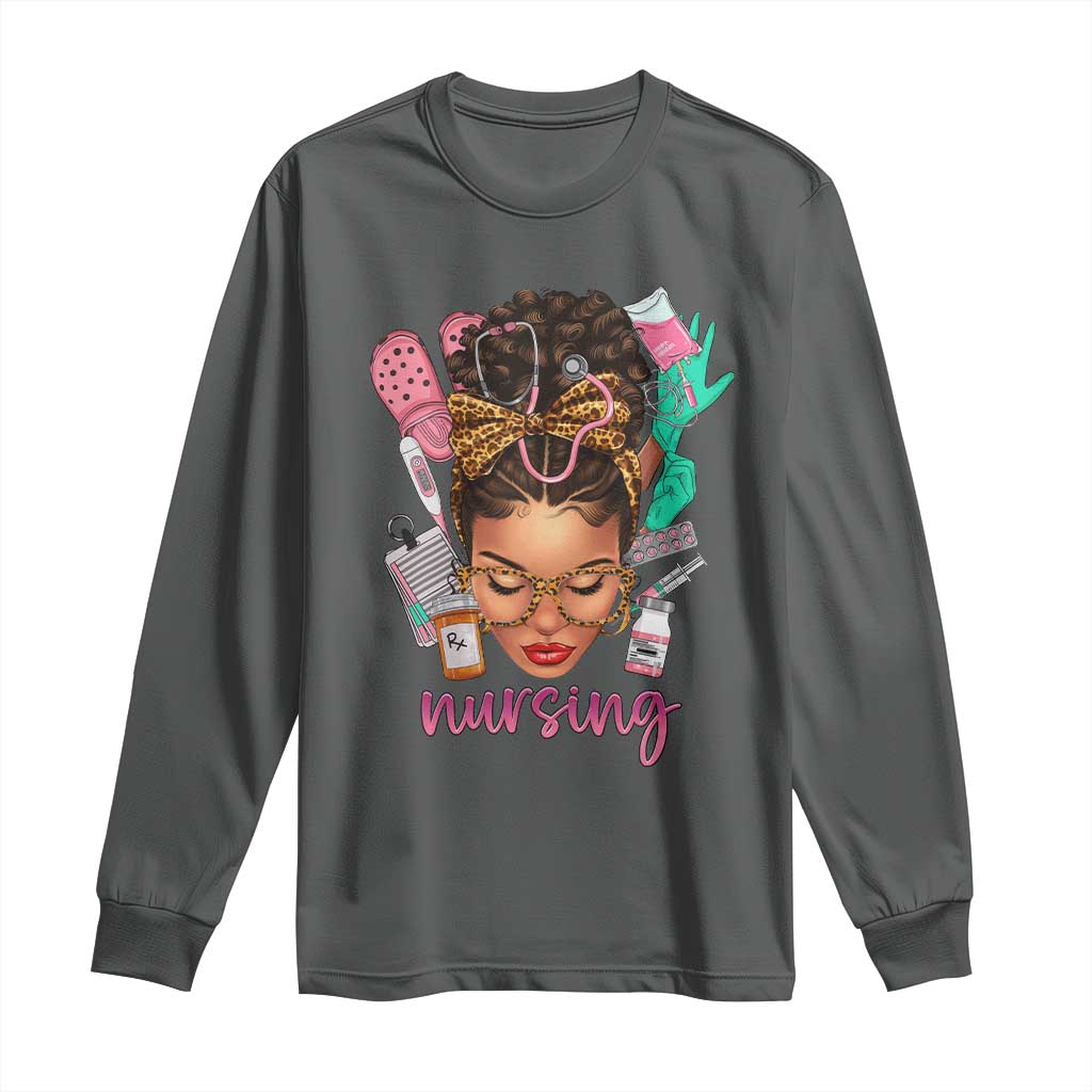 African American Nurse Long Sleeve Shirt Nursing Black Messy Bun