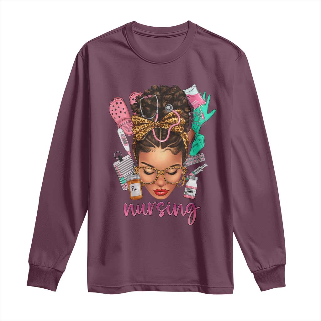 African American Nurse Long Sleeve Shirt Nursing Black Messy Bun