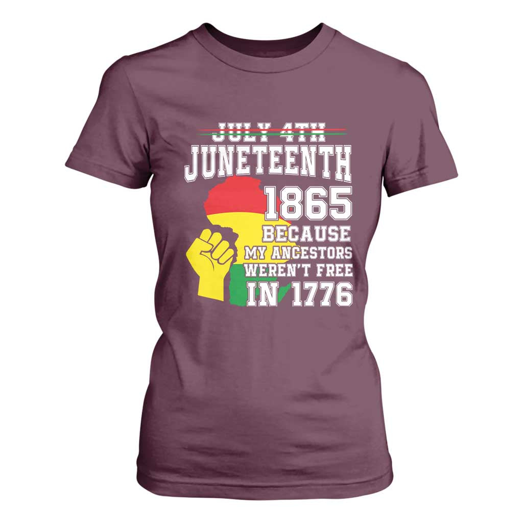 Juneteenth 1865 T Shirt For Women Because My Ancestors Weren't Free In 1776 Raised Fist