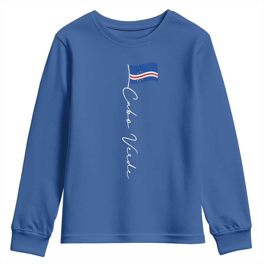 Cabo Verde Elegant Script Flag Graphic Youth Sweatshirt Cape Verde Minimalist Cursive National Pride Gift