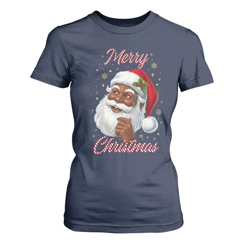 Merry Christmas Black Santa Claus T Shirt For Women Retro Nostalgic Festive Holiday