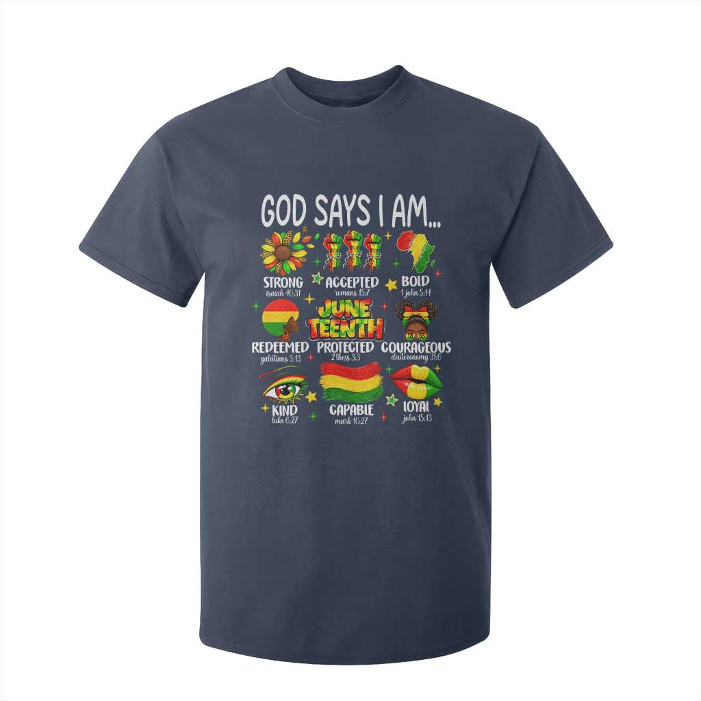 God Says I Am Juneteenth Christian T Shirt For Kid Pan-African Afrocentric Faith Bible Verses Freedom Day