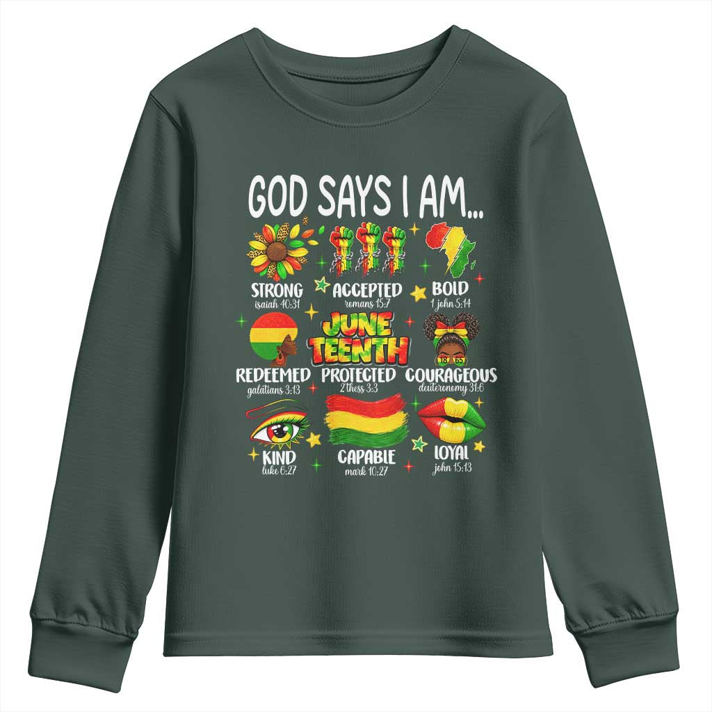 God Says I Am Juneteenth Christian Youth Sweatshirt Pan-African Afrocentric Faith Bible Verses Freedom Day