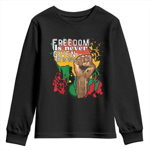 Black History Month Youth Long Sleeve Shirt Freedom Is Never Given It Is Won Equal Rights Raised Fist