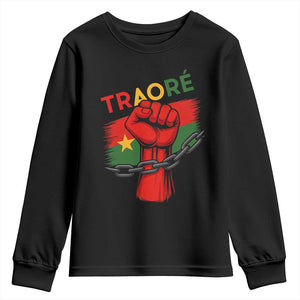 Stand With Traoré 2025 Youth Sweatshirt Burkina Faso Flag Raised Fist Broken Chains