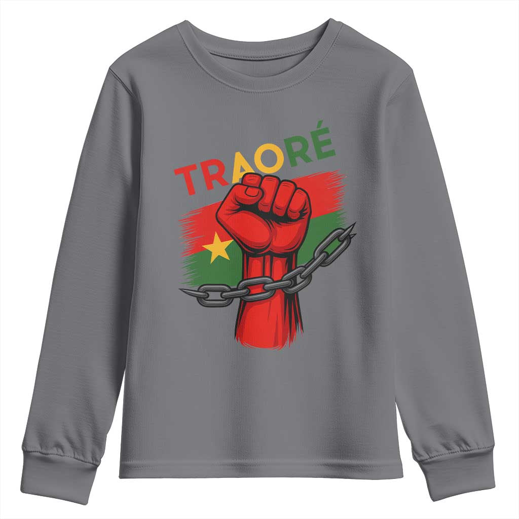 Stand With Traoré 2025 Youth Sweatshirt Burkina Faso Flag Raised Fist Broken Chains