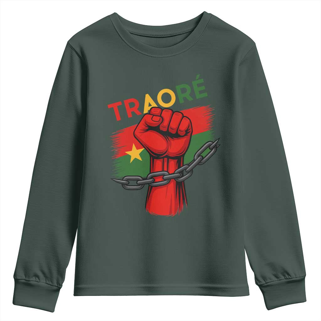 Stand With Traoré 2025 Youth Sweatshirt Burkina Faso Flag Raised Fist Broken Chains