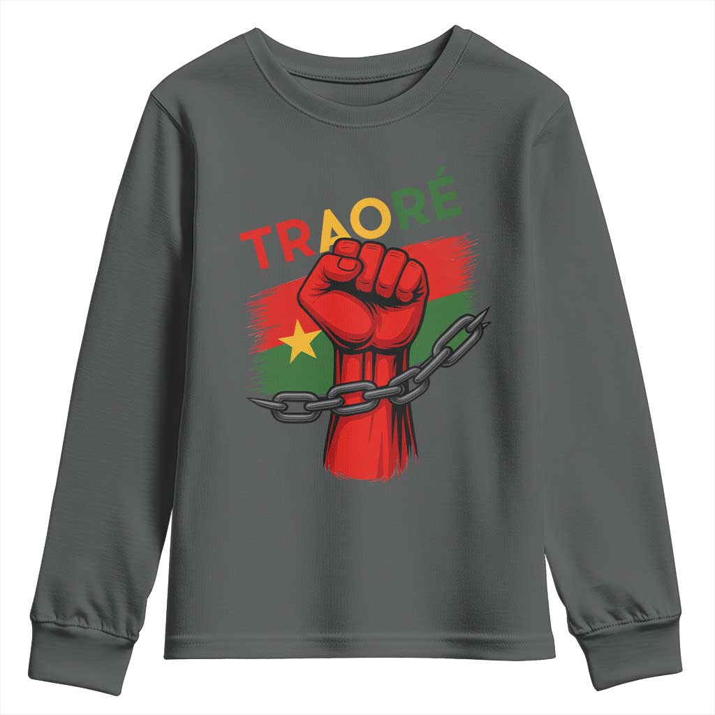 Stand With Traoré 2025 Youth Sweatshirt Burkina Faso Flag Raised Fist Broken Chains