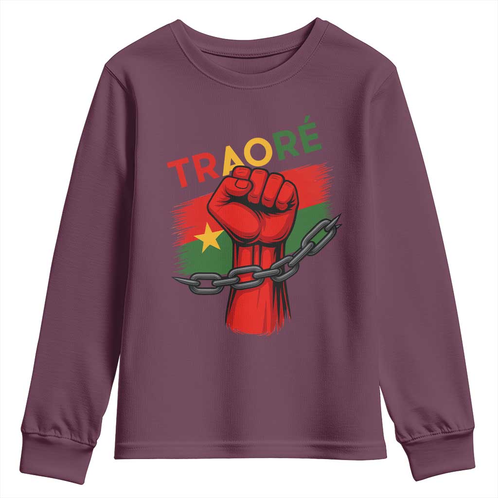Stand With Traoré 2025 Youth Sweatshirt Burkina Faso Flag Raised Fist Broken Chains