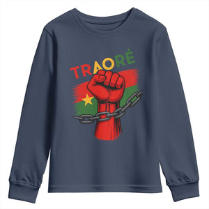Stand With Traoré 2025 Youth Sweatshirt Burkina Faso Flag Raised Fist Broken Chains