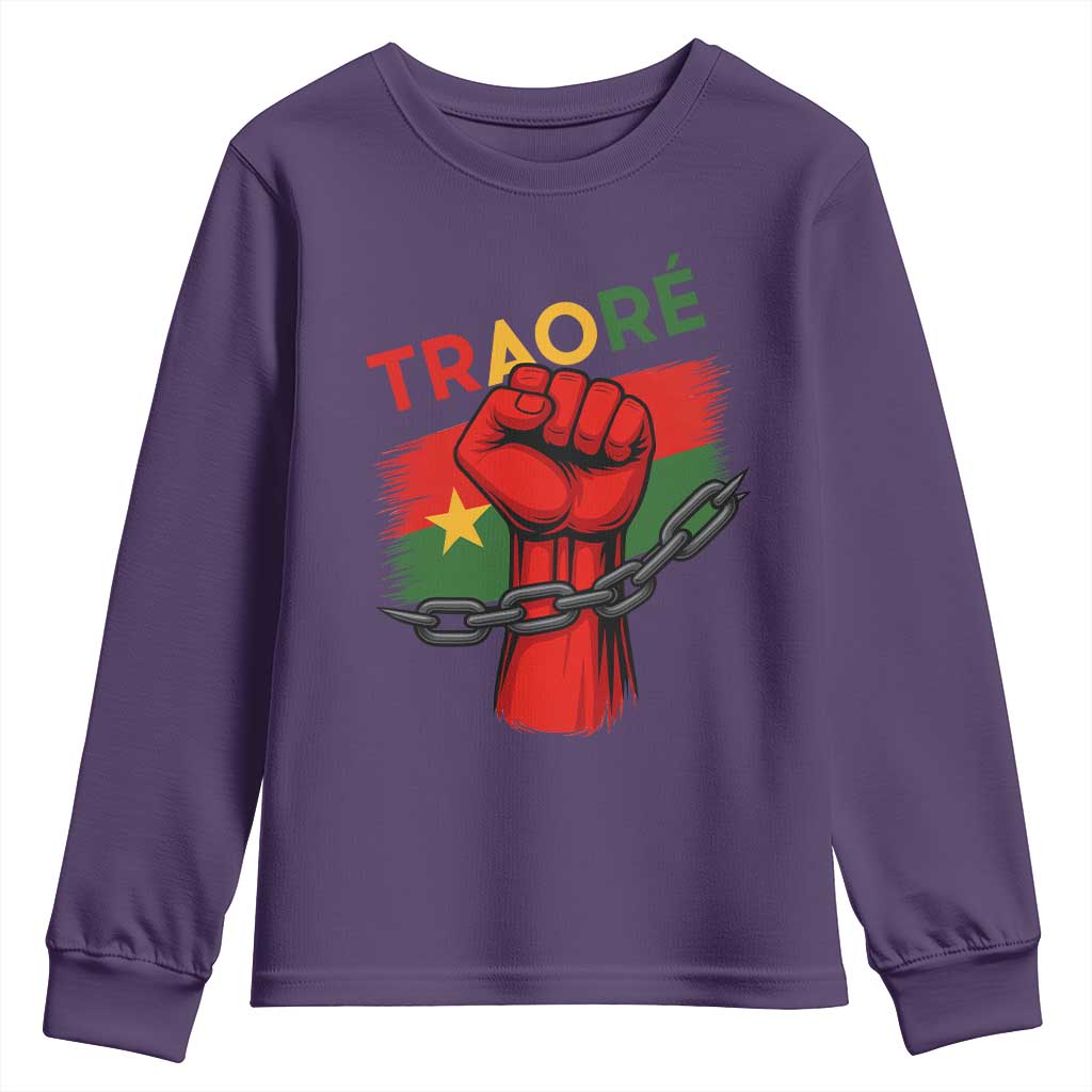 Stand With Traoré 2025 Youth Sweatshirt Burkina Faso Flag Raised Fist Broken Chains